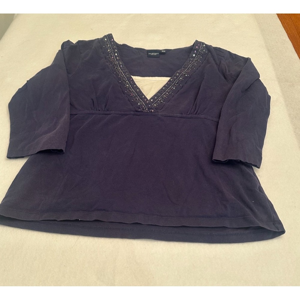 Sonoma Womens Beaded V Neck Top Large L Navy Blue Empire Waist Blouse Y2K 20s